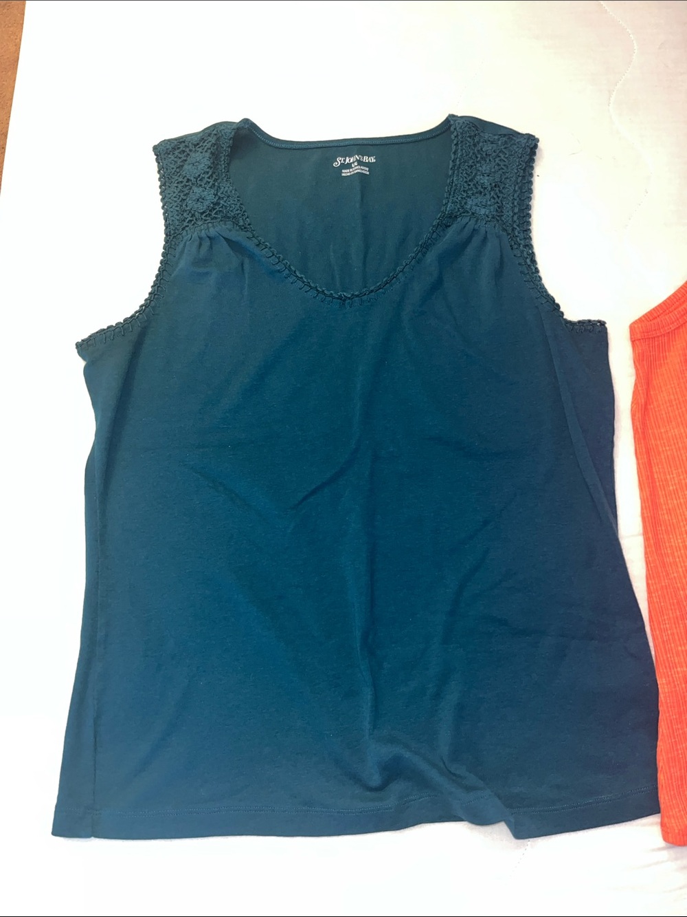 Teal Crochet-Trim Sleeveless Tank and Orange Luxe tank